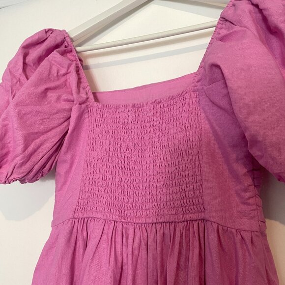 Abercrombie & Fitch Emerson Linen-Blend Puff Sleeve Midi Dress in Pink Sz Small - Picture 7 of 12